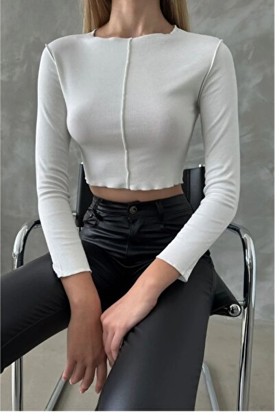 GAMZE ALPTEKİN Stitched and Lycra Long Sleeve Ecru Crop