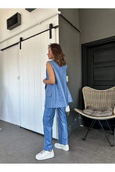 GAMZE ALPTEKİN Fabric Suit Linen Finish Vest Pants Suit Blue