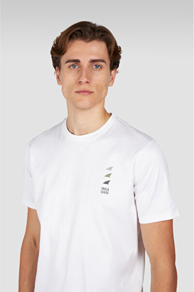 PAUL&SHARK Men's Regular Fit 100% Cotton Round Neck Logo Patterned White T-Shirt 15311628-965