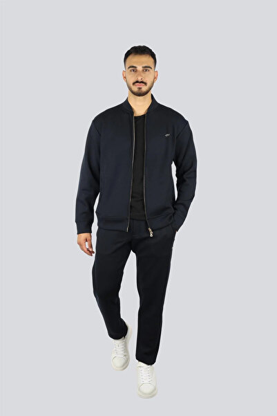 PAUL&SHARK Men's Regular Fit Zippered Metallic Logo Cotton Navy Blue-Gold Tracksuit Set 15311510A-50E