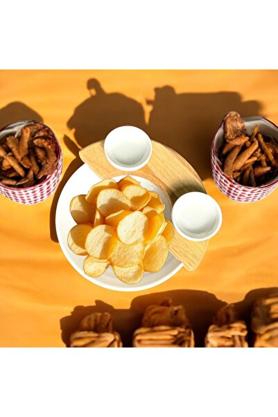 Empressco 20 cm Ahşap ve porselen sosluklu cips kase, şık ve kullanışlı tasarım