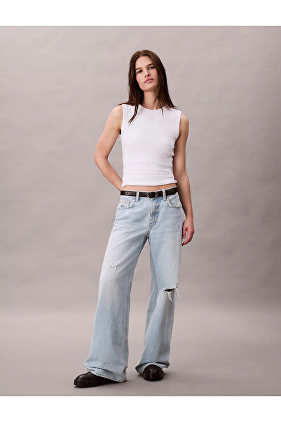 Calvin Klein Women's Slim Fit Round Neck Sleeveless Ck Logo Embroidered White Blouse Lv044D200G-Yaa