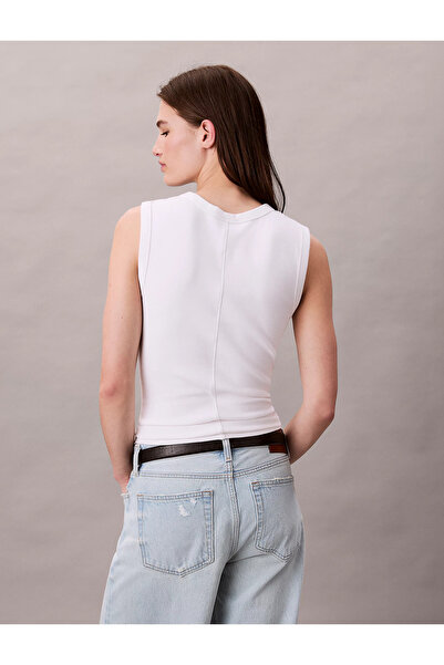 Calvin Klein Women's Slim Fit Round Neck Sleeveless Ck Logo Embroidered White Blouse Lv044D200G-Yaa