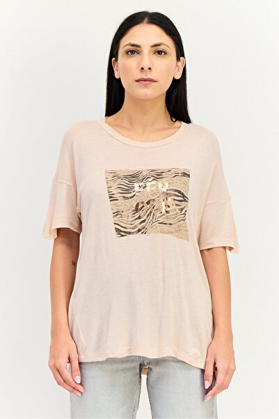 Reiko تي شيرت نسائي برقبة دائرية وأكمام قصيرة وطبعة جرافيكية، وردي باهت