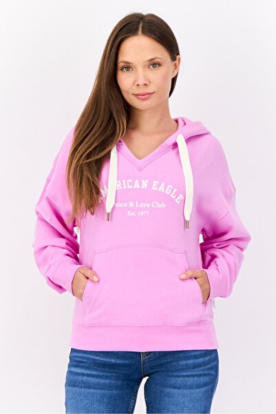 AMERICAN EAGLE Women Brand Logo Long Sleeve Hoodie, Purple