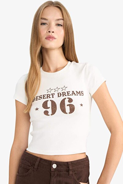 DeFacto Fitted Crew Neck Printed Ribbed Short Sleeve T-Shirt G3266Ax25Wn