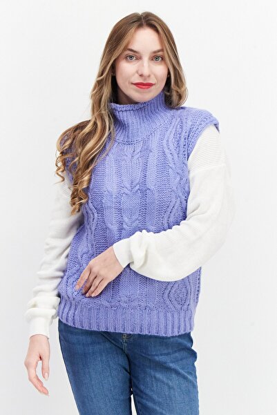 Brave Soul Women High Neck Sleeveless Textured Sweater, Lavender