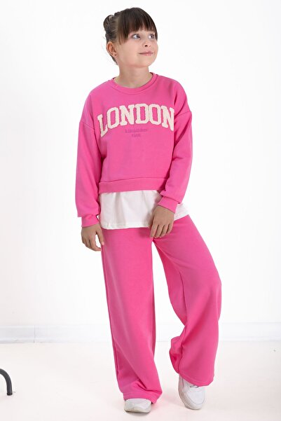 Cansın Mini Ροζ Λονδίνο Κεντημένο με γράμματα Κοριτσίστικο Σετ Φαρδύ Φούτερ 22724