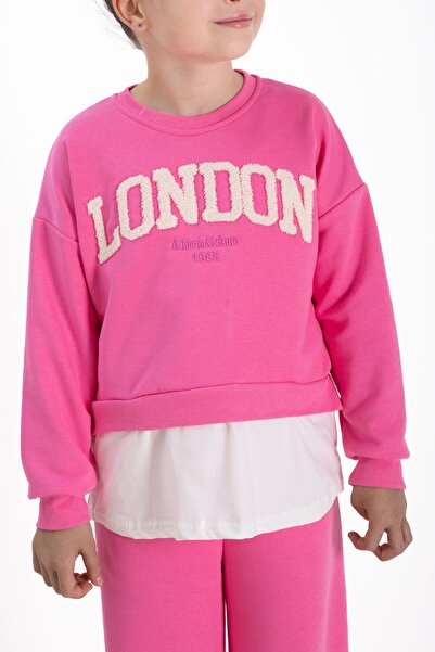 Cansın Mini Ροζ Λονδίνο Κεντημένο με γράμματα Κοριτσίστικο Σετ Φαρδύ Φούτερ 22724