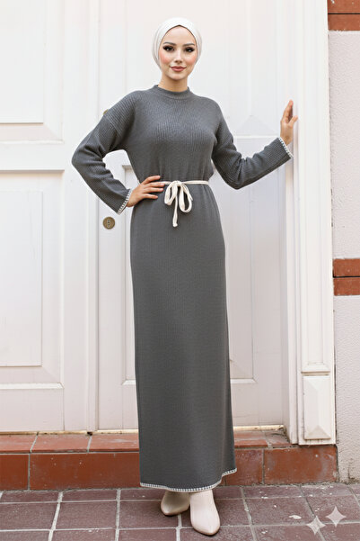 benguen 11040-17 Κέντημα Λεπτομερές Πλεκτό Φόρεμα Ανθρακί