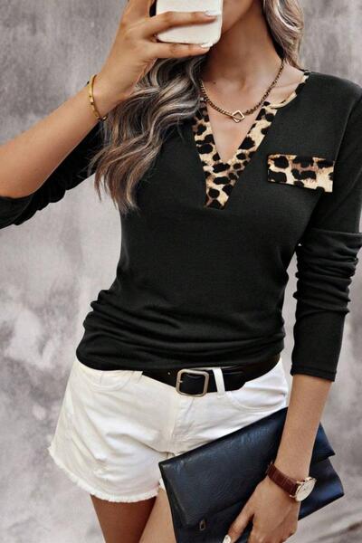 Mossta Μπλούζα πλέξη ριμπ με λεοπάρ λεπτομέρεια με λαιμόκοψη σε σχήμα V - Μαύρο