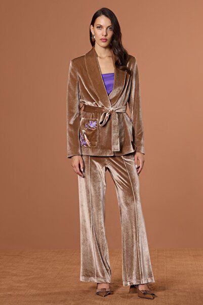 UPGRADE Nakışlı Kadife Ceket Vizon