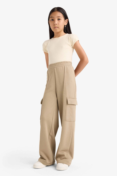 DeFacto E6930 Bej Kız Çocuk Beli Lastikli Wide Leg Kargo Eşofman Altı