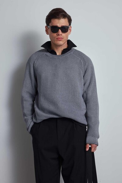 ablukaonline Men's Oversize Washed Distressed Knit Sweater Gray