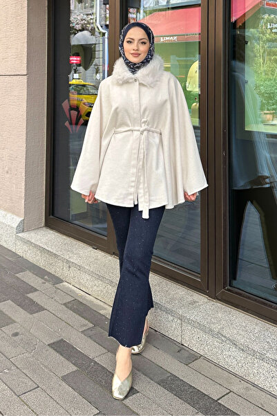 Ovn. Kürklü Yaka Panço - Ekru