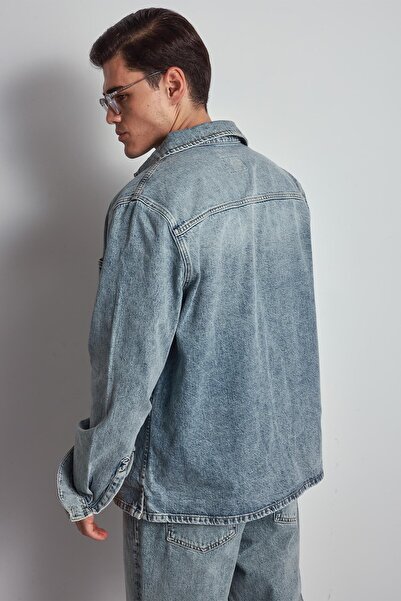 ablukaonline Ανδρικό πουκάμισο τζιν μεγάλου μεγέθους που πλένεται μπλε