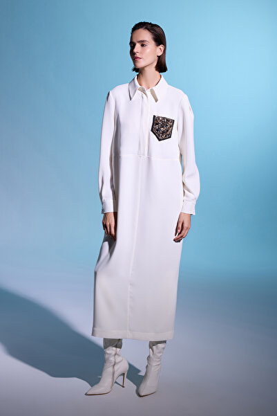 Jus De Pommes EKRU GÖMLEK YAKA TAŞ İŞLEMELİ OVERSIZE UZUN KOLLU UZUN ELBİSE