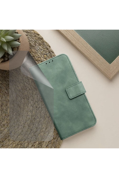 Optim Solution Σετ θήκης από δέρμα vegan Flip και μεμβράνης σιλικόνης για Xiaomi Redmi 12c, μοναδικός σχεδιασμός, πράσινο