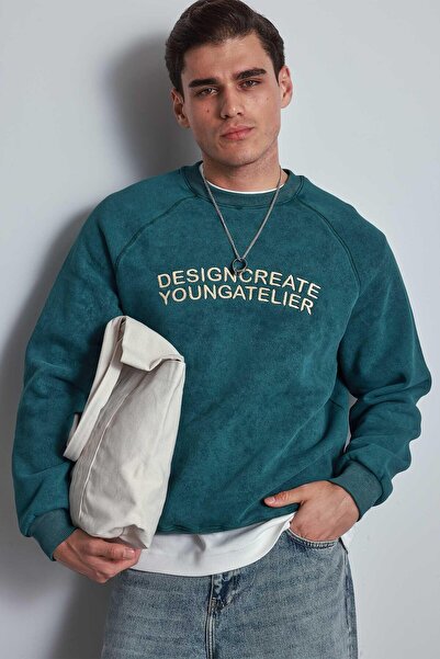 ablukaonline Ανδρικό φούτερ με στάμπα με κείμενο Oversize Πράσινο