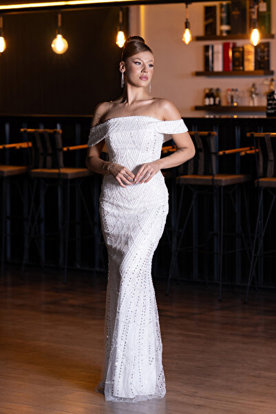 Abiyefon Ekru Kayık Yaka Uzun Boncuklu Balık Abiye Elbise ABU5137