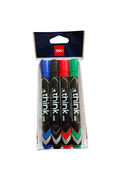 Deli EU10303 Permanent Marker Set, 4pcs, Assorted Colors, Chisel Tip