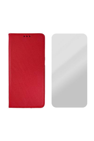 Optim Solution Δερμάτινη θήκη Flip και σετ μεμβράνης από γυαλί 2.5D για Xiaomi Redmi 10c 4G, σχέδιο με υφή, κόκκινο