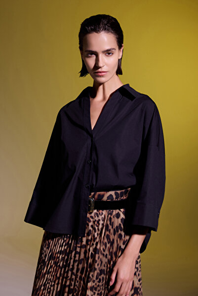 Jus De Pommes SİYAH OVERSİZE TRUVAKAR KOLLU KADIN POPLİN GÖMLEK