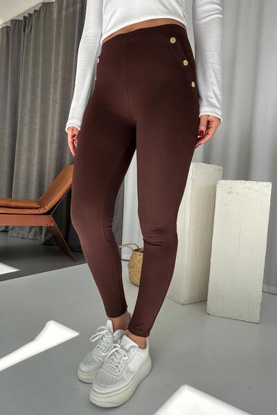 Mine Tan Butik بنطلون ضيق نسائي بخصر عالٍ وتفاصيل أزرار ذهبية - بني