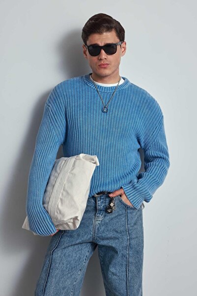 ablukaonline Мъжки пуловер с ефект на измито, в синьо