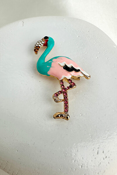 Modex Altın Sarısı Renkli Mineli Taşlı Flamingo Broş (5cm)