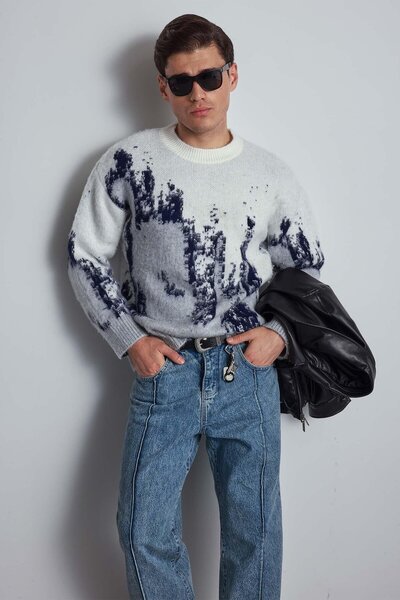 ablukaonline Men's Oversize Crew Neck Patterned Sweater Gray