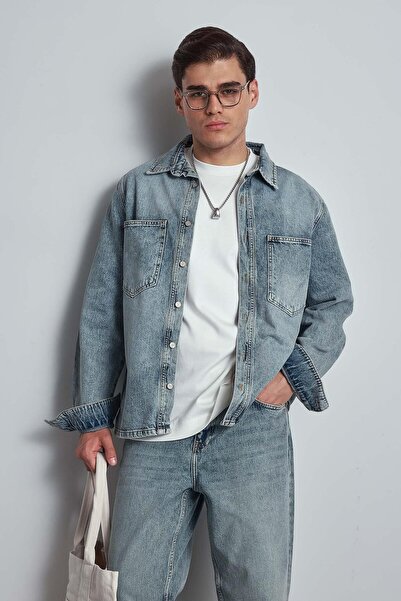 ablukaonline Чоловіча oversize сорочка з деніму, що піддається пранню, синя