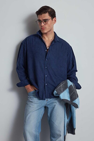 ablukaonline Men's Oversize Striped Long Sleeve Shirt Navy Blue