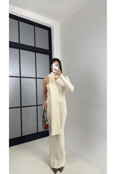 Gaus Ekru Tek Omuz Atkılı Triko Elbise GAUS-00223