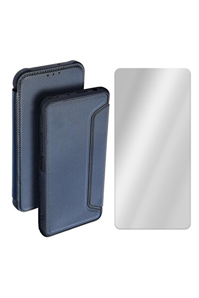 Optim Solution Set Husa Flip Anti-soc si Folie Sticla 2.5D pentru Xiaomi Redmi 9C, Redmi 9C NFC, Albastru