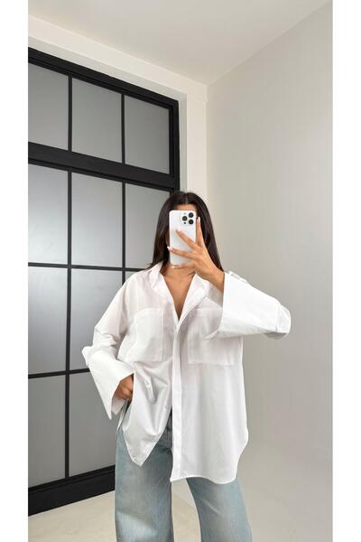 Gaus Beyaz Gizli Düğmeli Kol Katlamalı Poplin Gömlek GAUS-00449