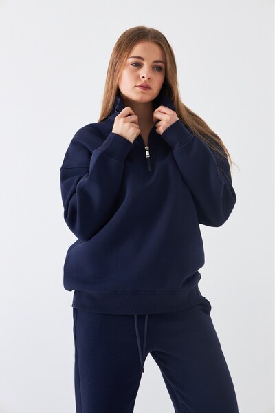 GIA - ART Unisex Oversize Sweatshirt Basic Lacivert – Yarım Fermuar Dik Yaka, 3 İplik Şardonlu Polar