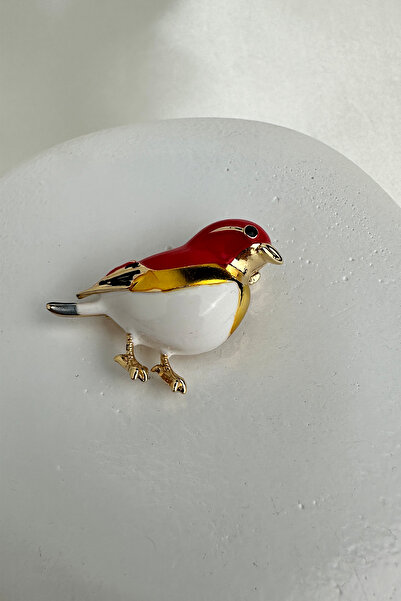 Modex Altın Rengi Kırmızı Beyaz Detay Kuş Broş (3cm)