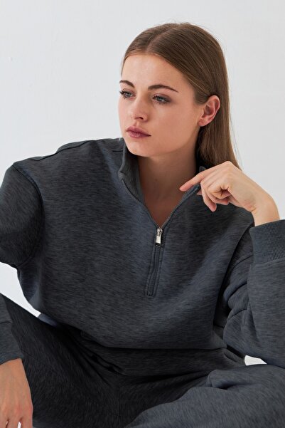 GIA - ART Unisex Oversize Sweatshirt Basic Smoked Melange – Half Zipper Stand Collar, 3 Thread Fleece