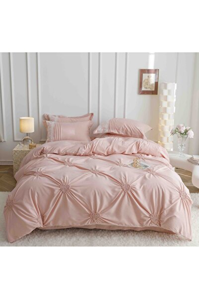 JOJO HOME Lenjeri De Pat, 6 Piese, Inimi Brodate, Finet Premium,Roz Pudra