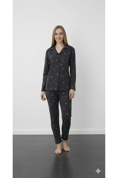 FAMES PİJAMA Long Sleeve Buttoned Hearted Combed Cotton Pajama Set