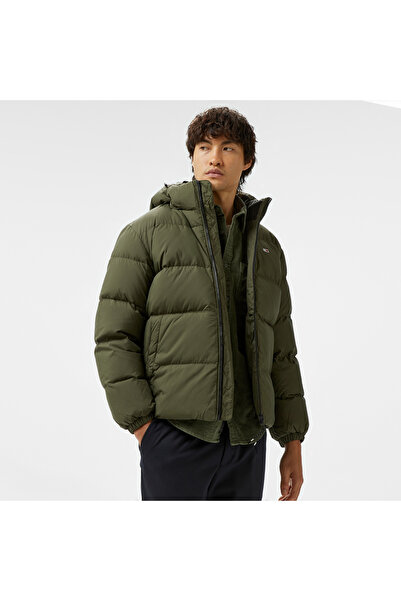 Tommy Hilfiger Ανδρικό πράσινο παλτό με φερμουάρ με λογότυπο με κουκούλα DM0DM19