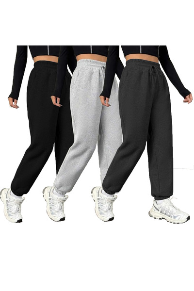 qavnas Unisex 2 ip Örme Kumaş Rahat Kesim 3'Lü Set Bel ve Paça Lastikli Eşofm...
