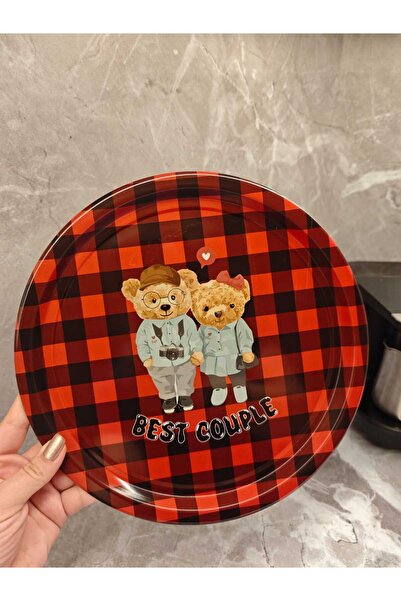 ENAVM Teddy Bear Ayı Desenli Pinterest Model Metal Sunum Ve Kahve Tepsisi 28 Cm