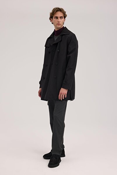 Jakamen Black Comfort Fit Double Breasted Belted Trench Coat