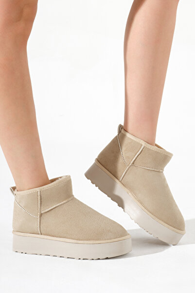 Tonny Black Dámské béžové kozačky s tlustou polyuretanovou podrážkou a semišo...