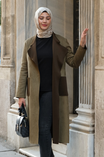 Tuğralı Tesettür Women's Long Khaki Hijab-Friendly Suede Jacket – Loose and Simple Seasonal Outerwear