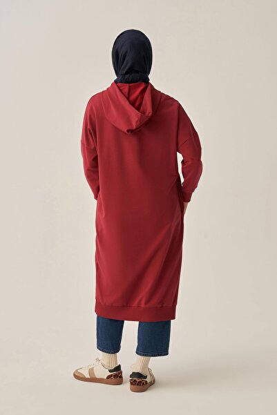 ALLDAY Μακρύ φούτερ από λύκρα με κουκούλα και τσέπες σε χρώμα μπορντό-καφέ