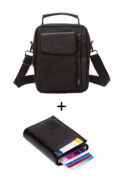 Newish Men's Black Leather Covered Shoulder and Hand Bag and Wallet Card Holder