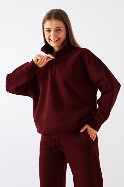 GIA - ART Unisex Oversize Sweatshirt Basic Burgundy – Half Zipper Stand Collar, 3 Thread Fleece